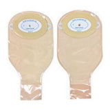 Two beige ostomy bags with adhesive barriers for medical stoma care