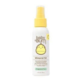 Baby Bum Mineral 50 sunscreen spray, SPF 50, fragrance free, yellow cap, white bottle