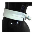 White medical tracheostomy collar secured around mannequin neck for respiratory care
