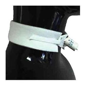 White medical tracheostomy collar secured around mannequin neck for respiratory care
