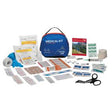 Comprehensive home medical kit with bandages, gloves, scissors, gauze, and medical supplies.
