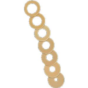 Seven tan adhesive medical barrier rings arranged in a diagonal line on white background