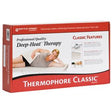 Thermophore Classic Deep-Heat Therapy heating pad box with woman using heat pad
