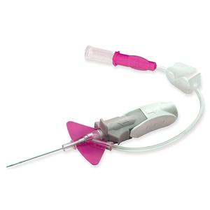 Peripheral IV catheter with pink safety wings and attached tubing for medical use