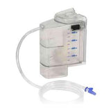 Clear medical drainage container with tubing and volume markings for home medical use