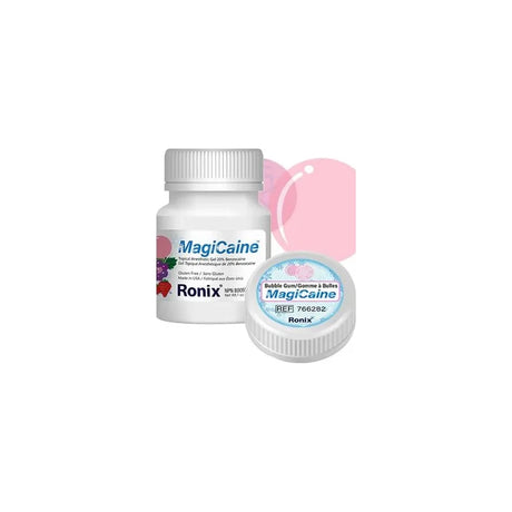 MagiCaine topical anesthetic gel bottles with bubble gum flavor label