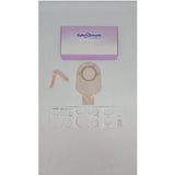 Ostomy bag kit with measuring guide and accessories on white background