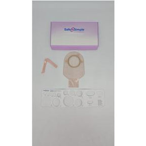 Ostomy bag kit with measuring guide and accessories on white background