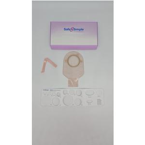 Ostomy bag kit with measuring guide and accessories on white background