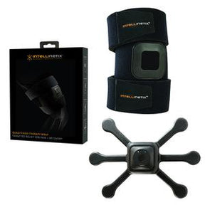 Black compression knee wrap and wireless therapy device with product packaging