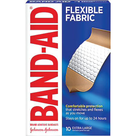 Box of Band-Aid flexible fabric adhesive bandages, extra large size, 10 count