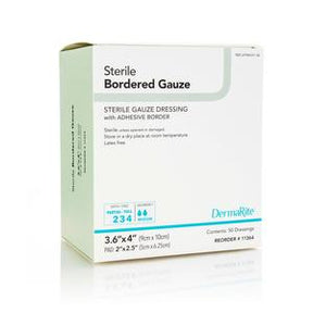 Box of sterile bordered gauze with adhesive, medical wound dressing, 3.6 x 4 inches