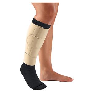 compression leg wrap on lower leg with black sock, medical support product