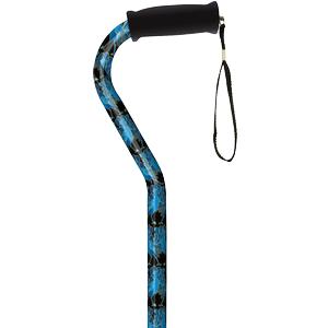 Blue patterned walking cane with ergonomic handle and wrist strap
