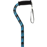 Blue patterned walking cane with ergonomic handle and wrist strap
