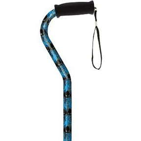 Blue patterned walking cane with ergonomic handle and wrist strap