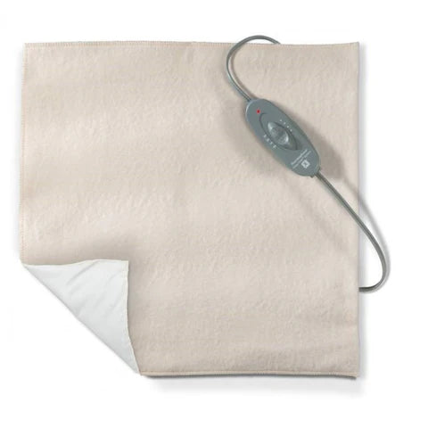 Beige electric heating pad with attached controller for pain relief and comfort at home