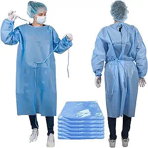 Disposable blue medical isolation gowns, worn by healthcare workers, with stack on side