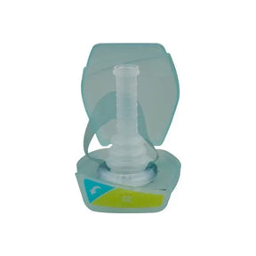 Sterile medical catheter valve with protective blue cover on white background