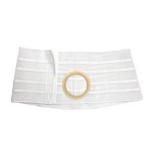 White ostomy support belt with circular opening for medical supplies