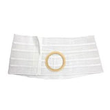 White ostomy support belt with circular opening for medical supplies