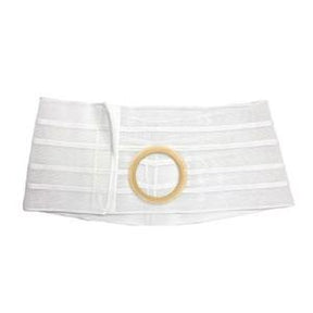White ostomy support belt with circular opening for medical supplies