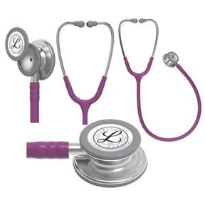 Purple medical stethoscope with stainless steel chest piece shown from multiple angles