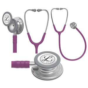 Purple medical stethoscope with stainless steel chest piece shown from multiple angles