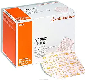 Box of Smith & Nephew IV3000 1-Hand Peripheral transparent medical dressings, 6cm x 7cm.