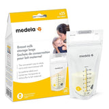 Medela breast milk storage bags packaging with one clear, labeled storage bag in front