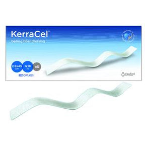 KerraCel gelling fiber wound dressing strip on white, medical supply for wound care