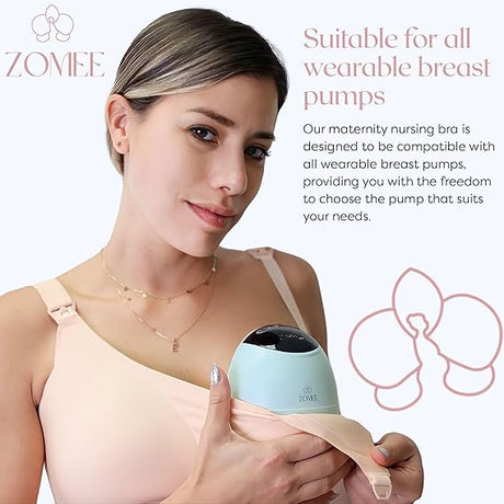 Woman using wearable breast pump with nursing bra, maternity medical supplies concept