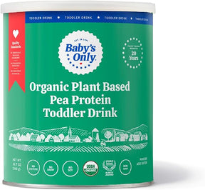 Baby's Only organic plant-based pea protein toddler drink canister, green label, USDA organic