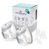 Hands-free breast pump collection cups set with accessories and product box.