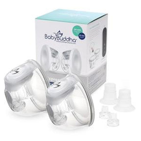 Hands-free breast pump collection cups set with accessories and product box.