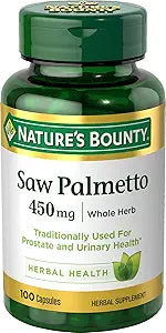 Nature's Bounty Saw Palmetto 450mg herbal supplement bottle, 100 capsules