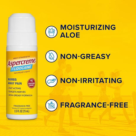 Aspercreme Lidocaine pain relief liquid roll-on bottle highlighting fast-acting, non-greasy, moisturizing aloe, non-irritating, and fragrance-free features on a yellow background.