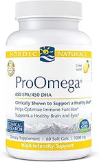 Nordic Naturals ProOmega fish oil supplement bottle with lemon flavor, 60 soft gels, 1000 mg.