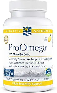Nordic Naturals ProOmega fish oil supplement bottle with lemon flavor, 60 soft gels, 1000 mg.