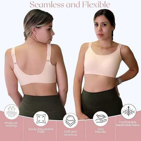 Seamless nude wireless bra shown front and back on model, featuring adjustable straps and supportive fit, with icons for moisture wicking, adjustable pads, soft fabric, skin friendly, and breathable comfort.