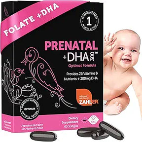 Prenatal DHA supplement box with softgels and smiling baby, folate and nutrient support