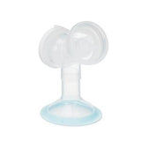 Breast pump flange and connector for home medical use, clear plastic on white background
