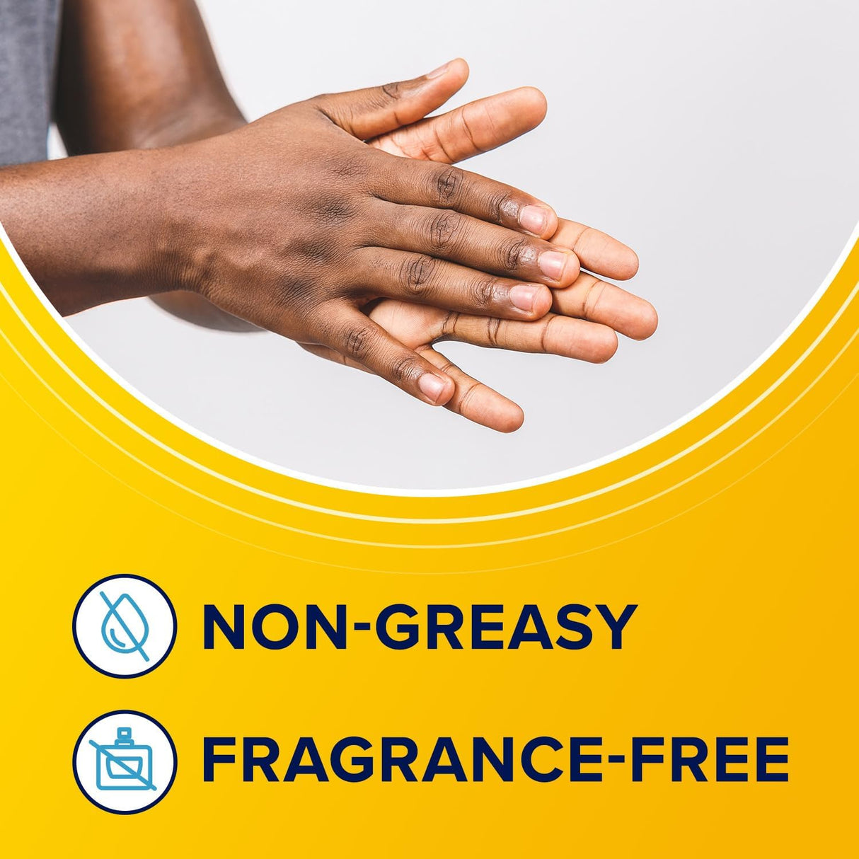 Hands applying lotion with text highlighting non-greasy and fragrance-free medical supply.