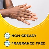 Hands applying lotion with text highlighting non-greasy and fragrance-free medical supply.