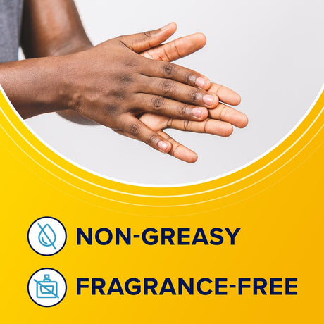 Hands applying lotion with text highlighting non-greasy and fragrance-free medical supply.