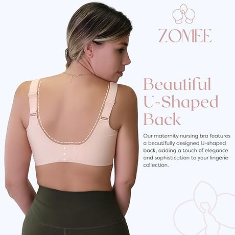 Woman wearing a beige maternity nursing bra with U-shaped back, adjustable straps, and supportive fit.