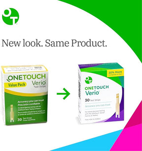 Onetouch Verio test strips packaging comparison, old and new box design for glucose monitoring.