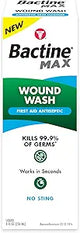 Box of Bactine Max wound wash first aid antiseptic, kills germs, no sting, 8 oz bottle
