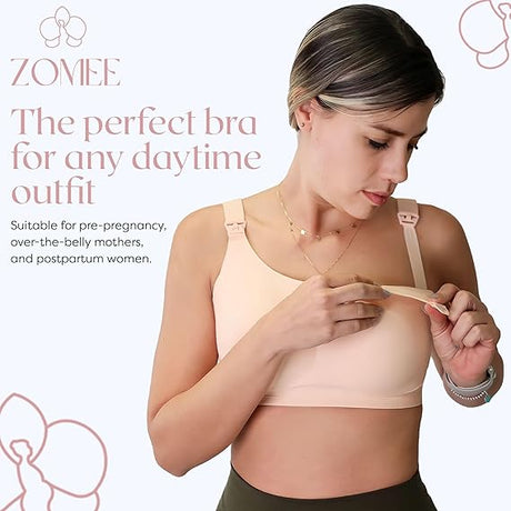 Woman wearing a beige maternity nursing bra, unclipping the strap, ideal for pregnancy and postpartum care.