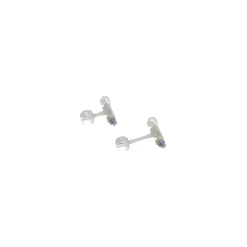 Pair of transparent medical tube connectors with purple tips on white background